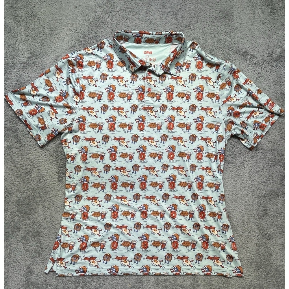 Lofty Llama Polo Men's XL Blue All Over Print Breakfast Golf Colorful Stretch
